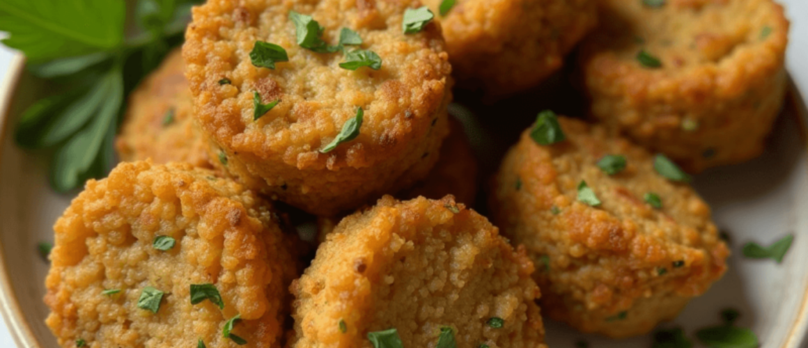 Crispy homemade falafel chickpea bites with fresh herbs, served with lemon wedges and parsley garnish.